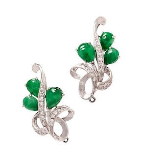 A Pair of 18 Karat White Gold, Jadeite and Diamond Earclips, 5.50 dwts.