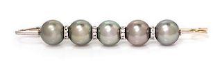 A White Gold, Diamond and Cultured Tahitian Pearl Safety Pin Brooch, 7.30 dwts.