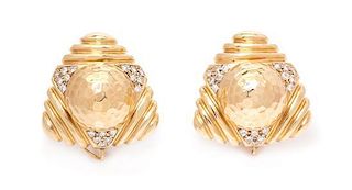 A Pair of 14 Karat Yellow Gold and Diamond Earrings, 13.95 dwts.