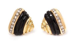 A Pair of 14 Karat Yellow Gold, Onyx and Diamond Earclips, 10.40 dwts.