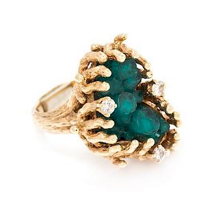 A 14 Karat Yellow Gold, Synthetic Emerald and Diamond Ring, 13.90 dwts