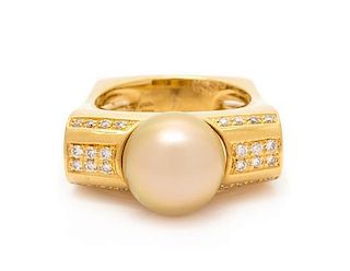 An 18 Karat Yellow Gold, Cultured South Sea Pearl and Diamond Ring, Kurt Wayne, 10.70 dwts.