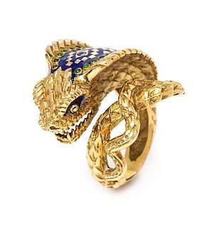 * An 18 Karat Yellow Gold and Polychrome Enamel Cobra Motif Ring, 8.80 dwts.