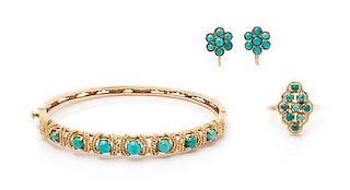 A Collection of Yellow Gold and Turquoise Jewelry, 12.40 dwts.