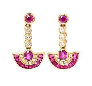A Pair of 18 Karat Yellow Gold, Ruby and Diamond Dangle Earrings, Italian, 4.20 dwts.