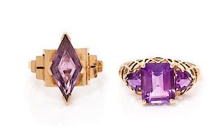 A Collection of 14 Karat Yellow Gold and Amethyst Rings, 6.26 dwts.