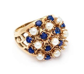 A Yellow Gold, Synthetic Sapphire, and Cultured Pearl Ring, 6.90 dwts.
