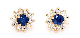 * A Pair of 14 Karat Yellow Gold, Sapphire and Diamond Cluster Earrings, 2.35 dwts.