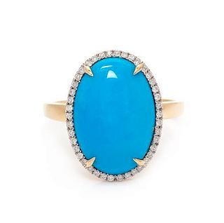* A 14 Karat Yellow Gold, Synthetic Turquoise and Diamond Ring, 3.20 dwts.