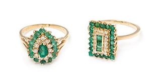 * A Collection of 14 Karat Yellow Gold, Emerald and Diamond Rings, 5.70 dwts.