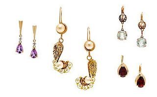 A Collection of Yellow Gold and Gemstone Earrings, 7.10 dwts.