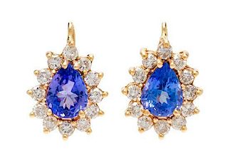 A Pair of Yellow Gold, Tanzanite and Diamond Earring Pendant Drops, 3.80 dwts.