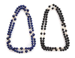 A Collection of Yellow Gold, Onyx, Lapis Lazuli and Cultured Pearl Bead Necklaces, 86.90 dwts.