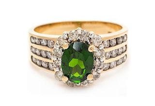 A 14 Karat Yellow Gold, Chrome Diopside and Diamond Ring, 4.10 dwts.