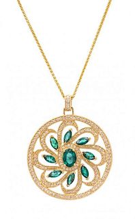 A 14 Karat Yellow Gold, Emerald, and Diamond Pendant/Necklace, 9.45 dwts.