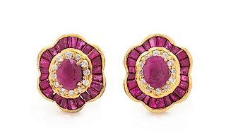 A Pair of Yellow Gold, Ruby and Diamond Earrings, 8.30 dwts.