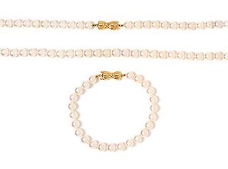 * An 18 Karat Yellow Gold and Cultured Pearl Demi-Parure, Mikimoto,