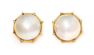 A Pair of 14 Karat Yellow Gold, Cultured Mabe Pearl and Diamond Earclips, 10.50 dwts.