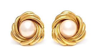 * A Pair of 18 Karat Yellow Gold and Cultured Mabe Pearl Earclips, 24.05 dwts.