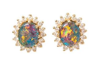 A Pair of 14 Karat Yellow Gold and Opal Triplet Earrings, 2.20 dwts.