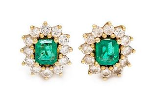 A Pair of Yellow Gold, Emerald and Diamond Earclips, 2.40 dwts.