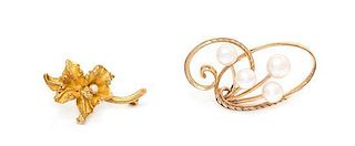 A Collection of Yellow Gold and Cultured Pearl Brooches, 5.90 dwts.