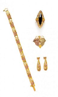 * A Collection of 10 Karat Tricolor Gold Grape Vine Motif Jewelry, 15.00 dwts.