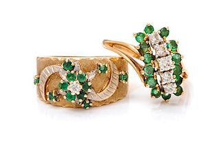 * A Collection of 14 Karat Bicolor Gold, Emerald and Diamond Rings, 7.70 dwts.