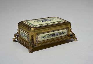 Fine 19th C. French bronze and enamel decorated porcelain hinged dresser box