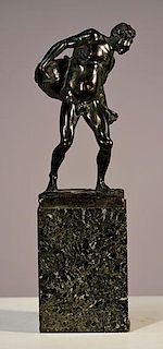 Siherie (?) Art Deco bronze figure of nude man with seedbag over his shoulder