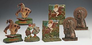 Group of Seven Cast Iron Bookends, early 20th c., consisting of a pair of Native American chiefs on horseback; a pair of Nati