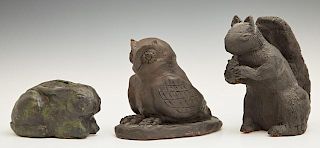 Group of Three Ebonized Terracotta Animals, 20th c., consisting of a squirrel, a rabbit, and an owl, Squirrel- H.- 6 1/8 in.,
