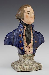 Staffordshire Bust of George Washington, 19th c., presented on a marbleized plinth, possibly by Enoch Woods & Sons, marked 35