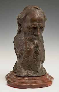 Naum Aronson (1872-1943, French), "Bust of Leo Tolstoy," 1902, patinated bronze, signed and dated proper left, presented on a