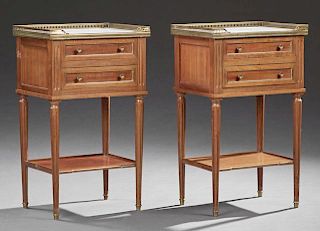 Pair of Louis XVI Style Carved Mahogany Marble Top Nightstands, 20th c., the white marble with a three quarter brass gallery 