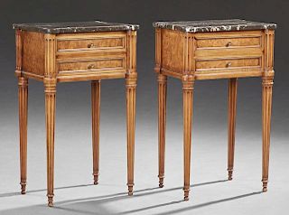 Pair of French Louis XVI Style Burled Walnut Marble Top Nightstands, 20th c., the cookie corner highly figured black marble o