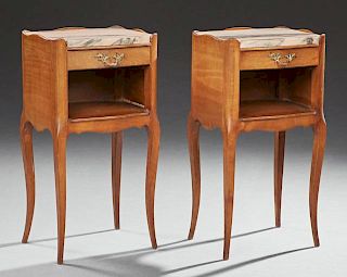Pair of Louis XV Carved Beech Marble Top Nightstands, 20th c., the three quarter serpentine gallery with inset highly figured