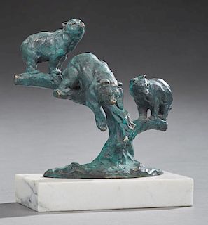Milo (Miguel Fernando Lopez, 1955- ), "Three Bears in a Tree," 20th c., green patinated bronze figural group, signed verso, o