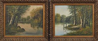 Balsky, "Fisherman on the Lake," and "Woman on a Path," 19th c., pair of oils on canvas, each signed, in period gilt and gess