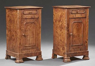 Pair of Louis Philippe Style Carved Elm Nightstands, 19th c., the canted corner square top over a frieze drawer above a cupbo