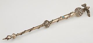 Russian Sterling Yad, 1884, Moscow, the handle with an eagle surmount and mounted with a cabochon turquoise, H.- 10 in., W.- 