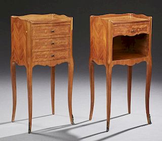 Pair of Louis XV Style Carved Mahogany Marquetry Inlaid Nightstands, 20th c., the serpentine three quarter gallery above a se