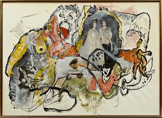 Uri Lifchitz, (1936-2011, Israeli), "Untitled," 1966, watercolor and collage, framed, H