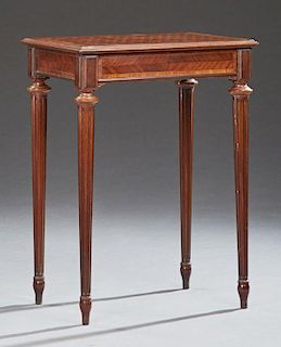 French Louis XVI Style Parquetry Inlaid and Banded Mahogany Side Table, early 20th c., the inlaid rectangular stepped edge ov