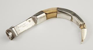 English Sterling Boar's Tooth Cigar Cutter, London, 1903, with an inscription for Morocco, 1907, H.- 4 in., W.- 5 1/2 in., D.
