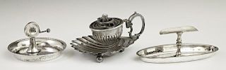 Three Silverplated Cigar Items, early 20th c., consisting of a single cigar ashtray; an ashtray with a cigar cutter, and a sh