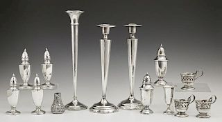 Group of Fourteen Pieces of Sterling Silver, early 20th c., consisting of a pair of salt and pepper shakers by Towle, #380; f