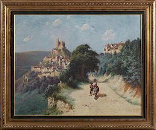 French School, "The Road to the City," early 20th c., oil on canvas, presented in a gilt frame, H.- 27 3/4 in., W.- 35 1/4 in