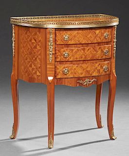 Diminutive French Louis XVI Style Ormolu Mounted Parquetry Inlaid Carved Mahogany Bowfront Demi-Lune Commode, 20th c., the br