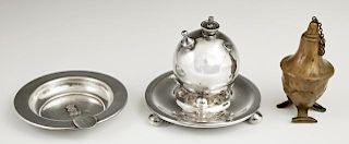 Group of Three Smoker's Items, 20th c., consisting of a sterling ashtray with a royal insignia; a Scottish silverplate orb fo